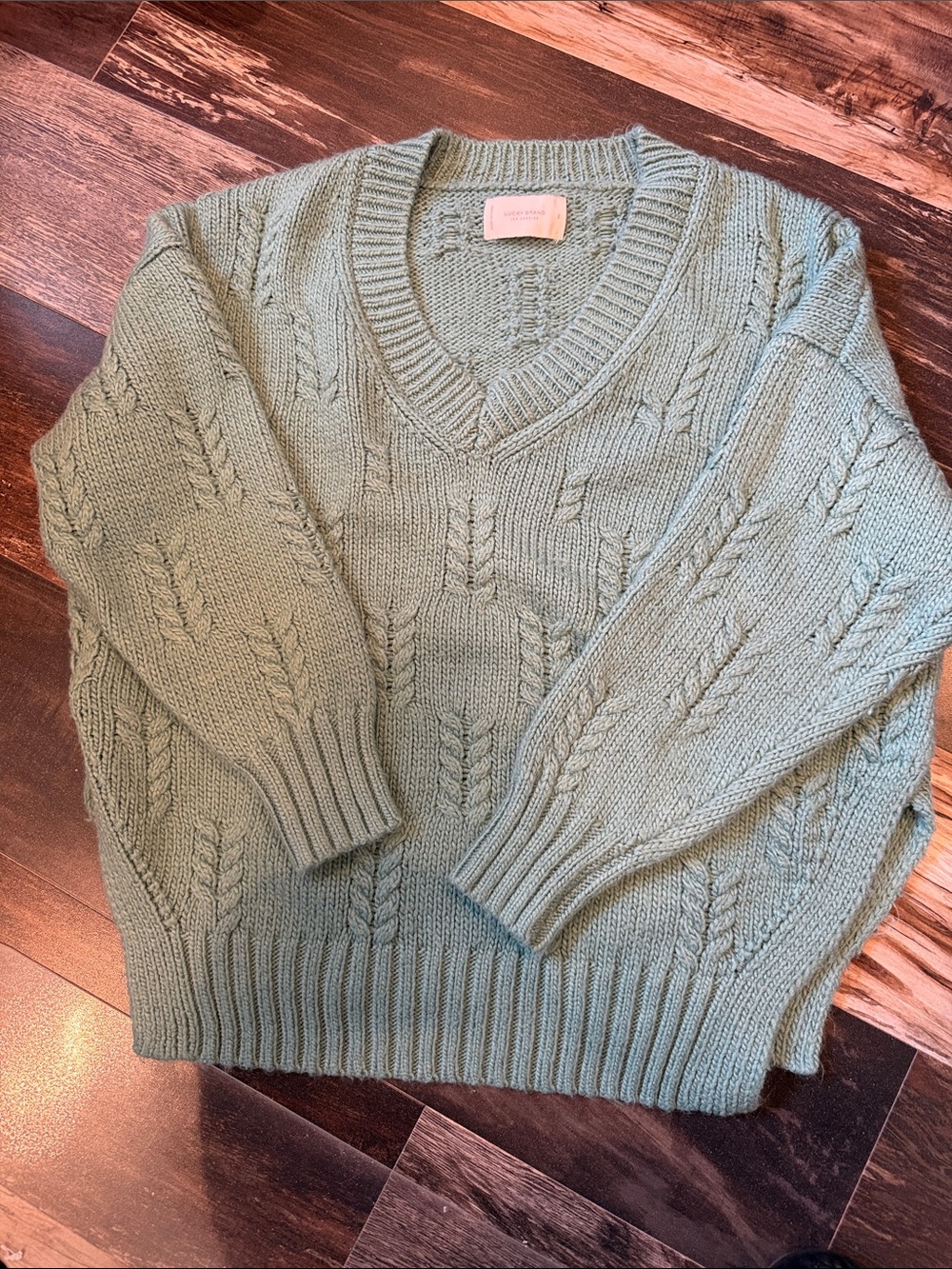 Lucky Brand Cable Knit V Neck Sweater Sage Green S Side Slit